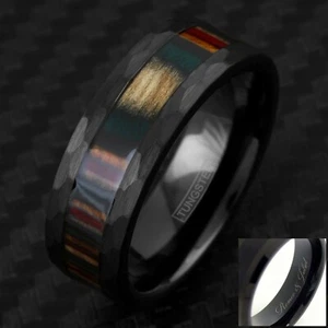 Engraved 8mm Black Tungsten Layered Rainbow Hardwood Men's Wedding Band Ring - Picture 1 of 5