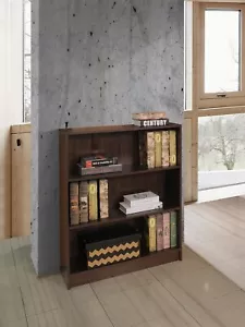 3 Tier Wide Low Bookcase Storage Display Shelving Unit Bookshelf Stand Walnut - Picture 1 of 7