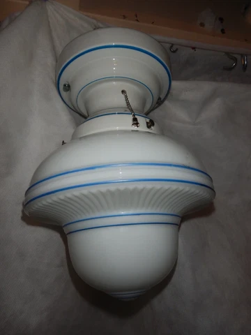 Art Deco Arts & Crafts Bungalow Blue Pin Striped Porcelain Fixture & Shade Cover