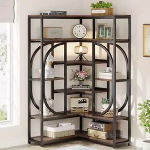 New 35.43" Rustic Brown 14 Shelf L-Shaped Corner Bookcase Open Back Industrial - Picture 1 of 12