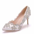 Womens Fashion Pointy Toe Diamante Wedding Shoes Pumps Mid Heels Bride Shoes