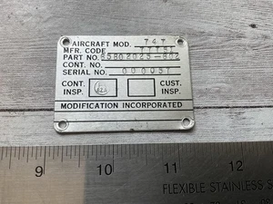 PLACA DE IDENTIFICACIÓN ORIGINAL VINTAGE BOEING 747 #57 MODIFICACIÓN ESPECIFICACIONES DE DATOS - Imagen 1 de 2
