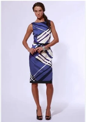 MaxMara Vestido Sin Mangas Vaina Azul, Morado Blanco Patrón Geométrico Talla 12 Foto 1 de 4