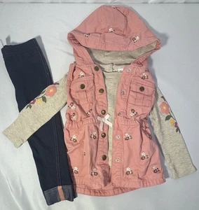 Little Lass Floral 3 Pc Set Thermal Top Shirt Hood Vest Pull On Pants Girls Sz 4 - Picture 1 of 16