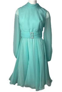 Vintage Miss Elliott 70er Chiffon Kragen Cocktailkleid 14 Aqua Langarm fließend - Bild 1 von 10