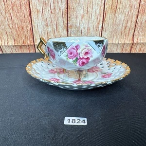 Antique Royal Halsey Fine China Hand Painted Footed Pink Floral Teacup Saucer - Picture 1 of 9