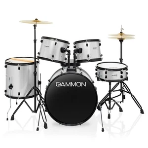 OPEN BOX - 5 PC Adult Drum Set - Silver, Percussion Kit w Stool & Stands - Picture 1 of 7
