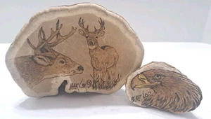 Wooden Deer Art Burned Etching Pair & Eagle Head On Wood Stumps Signed Mar Lo - Picture 1 of 7