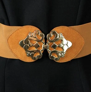 Retro Stretch Belt M L XL Light Brown Tan Elastic Suede Gold Metal Extra Wide - Picture 1 of 5