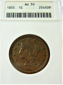 1855 LARGE CENT  ANACS AU 50 - Picture 1 of 4