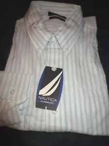 NWT $65 NAUTICA MENS BUTTON DOWN DRESS SHIRT AQUA PINSTRIPE 17.5 34/35 - Picture 1 of 2
