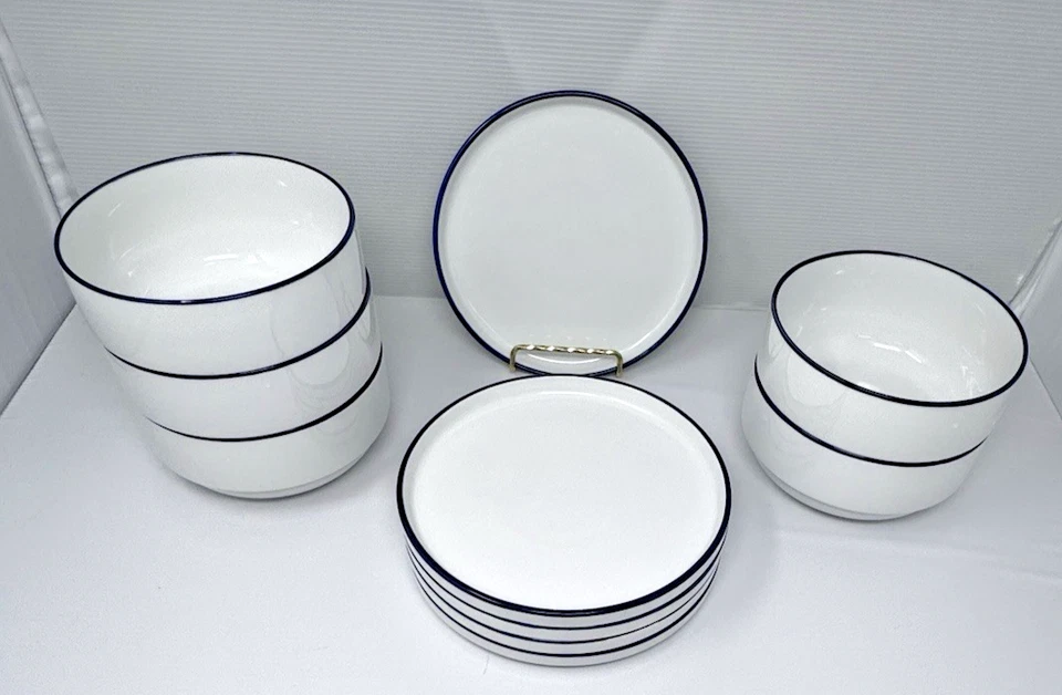 CONJUNTO DE PRATO E TIGELA MAINSTAYS 10 PEÇAS BRANCO COM ARO AZUL COBALTO - Imagem 1 de 4