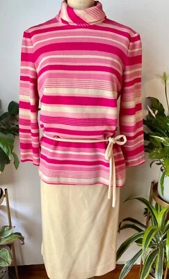 DE COLECCIÓN AÑOS 60 PASEO MOD ROSA Y CREMA PUNTO LANA RAYAS SUÉTER CONJUNTO TOP Y FALDA*S/M Foto 1 de 4