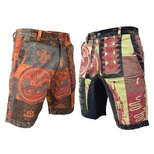 Pantalones cortos de algodón cáñamo estampado étnico para hombre con bolsillos de un solo botón y cremallera - Imagen 1 de 12