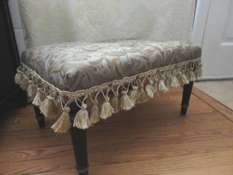 Vintage Newly Reupholstered Tufted Fringed Trim Low Bench Side Table Foot Stool Cover