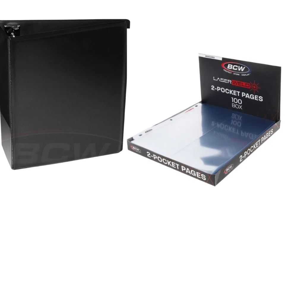 BCW LaserWeld 2 Pocket 4x10 Envelope Pages 100ct & 3" Black Album Archival Safe
