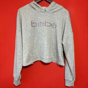Bebe Sport Heather Gray Rhinestone Logo Cropped Hoodie Womens Size L - Picture 1 of 9