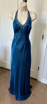 Usado en Excelente Condición Vestido Formal Vintage Cachicho Iridiscente Azul Vestido Halter Espalda Abierta 5 S Foto 1 de 4