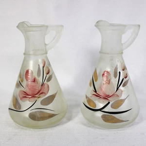 Hazel Atlas Frosted Glass Oil Vinegar Hand Painted Mid Century Vintage Set of 2 - Picture 1 of 6