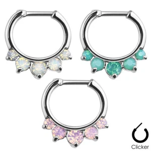 Five Pronged Opal Septum Clicker 316L Surgical Steel Rings Clear Pink Green F67 - Picture 1 of 2
