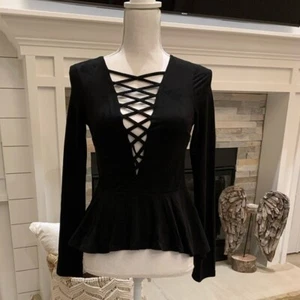 Birdies V Neck Suede Tight Long Sleeves Black Top Size S - Picture 1 of 3