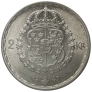 1947 * 2 Kronor Silver Sweden "Gustaf V" (KM 815) UNC - Picture 1 of 2