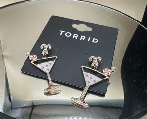 Torrid Christmas Martini Pink Peppermint Pierced Earrings Dangling New Years NIP - Picture 1 of 4