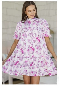 All The Charm Pink & White Toile Dress | Large | Bow Collar | Swing | NWT - Picture 1 of 8