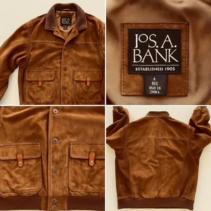 Jos. A. Bank Brown Suede Leather Bomber Jacket Men’s L Button Front Pockets - Picture 1 of 21