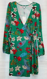 Carolina Belle Montreal Damen grün Blumen Langarm Stretch Wickelkleid Gr. L - Bild 1 von 13