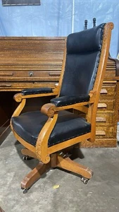 Antique Hand Carved Oak and Leather Swivel Adjustable Arm Chair - Picture 1 of 4