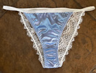 Blue Second Skin SATIN 8/XL Front Lace Back String Bikini Panties NEW #296