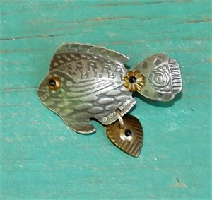 Cute Vintage Mixed Metals Sterling Silver Brass Fish Pin w Stones & Dangle - Picture 1 of 2