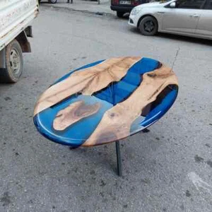Custom Order Walnut Wood Dark Blue Clear Epoxy Oval Shape Table / Epoxy tabletop - Picture 1 of 14