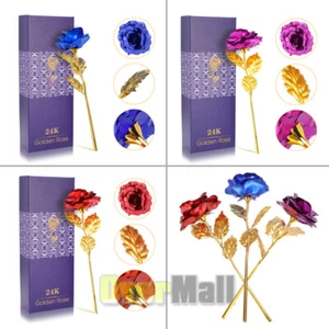 24k Gold Plated Foil Rose Flower Long Stem Dipped Valentines Day Gift For Her - Picture 1 of 16