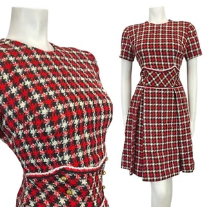 VINTAGE 60s 70s RED BLACK WHITE PLAID CHECKED MOD MINI WOOL DRESS 12 - Picture 1 of 8