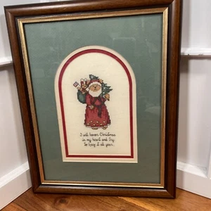 Santa Bear Claus Cross Stitch Completed Framed Christmas Large 15x12 Custom Mat - Picture 1 of 7