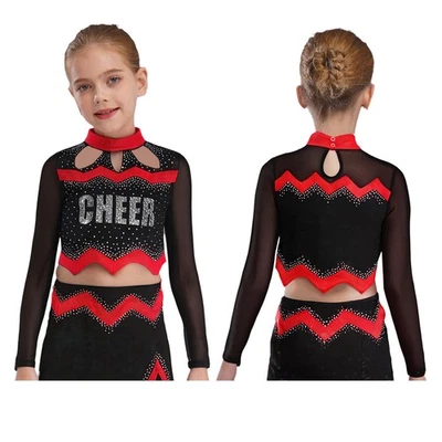Camisas cortas de manga larga con estrás brillantes para niños y niñas Cheer Leader Foto 1 de 4