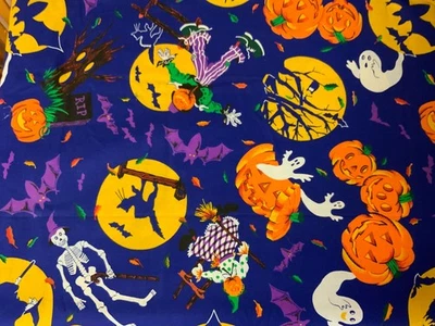 Halloween Fabric 3/4 Yard X 56" Blue Pumpkins Ghosts Scarecrow Skeleton Read - Image 1 of 2