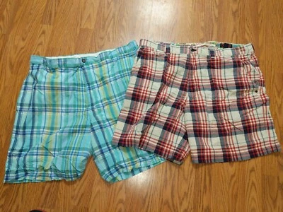 LOTE DE DOS!!!Pantalones Cortos Daniel Cremieux Talla 40 A Cuadros Cremallera Mosca Frente Plano 100% Algodón Foto 1 de 4