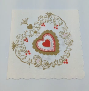 1950 Scalloped VINTAGE VALENTINE Tissue Paper Drink Napkin Heart Scroll Gold - Picture 1 of 4