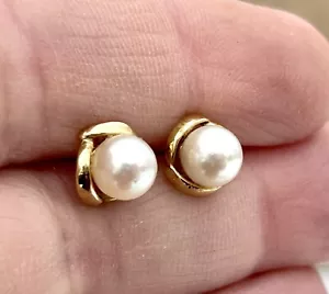 Vintage 14K 585 Solid Gold Infinity Swirl Pearl Stud Earrings- NO BACKS - Picture 1 of 8