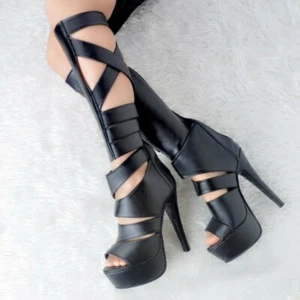 Women Knee High Thigh Boots Peep Toe Stiletto Heel Clubwear Shoes EUR Size 34-47 - Picture 1 of 13
