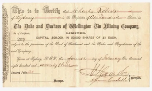 Share Scrip - Mining. 1873 Duke & Duchess of Wellington Tin Mining Co. (NSW) - Picture 1 of 1