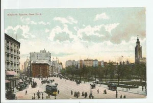 Madison Square New York Postcard Unused Vintage Streetcars Horses Cars NY Street - Picture 1 of 2
