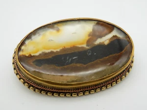 Antique Brass Agate Stone Slice Specimem Brooch Pin Oval Translucent - Picture 1 of 4