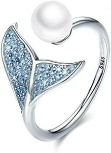 Mermaid Tail Rings Sterling Silver Dolphin Tail Adjustable Finger Ring for Girls - Picture 1 of 6