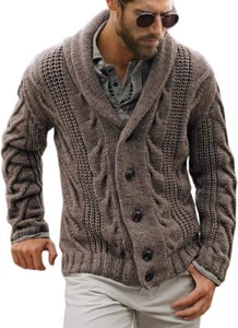 Mens Shawl Collar Cardigan Sweater Cable Knit Button Chunky Long Sleeve Winter F - Picture 1 of 20