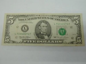 1995 (L) $5 Five Dollar Bill Federal Reserve Note San Francisco Vintage Currency - Picture 1 of 2