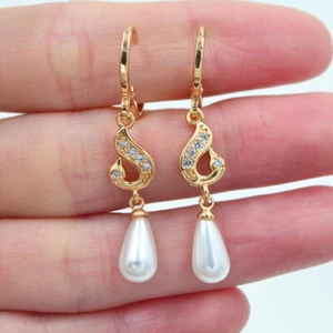 18K Yellow Gold Filled Women Fashion Clear Topaz White Teardrop Dangle Earrings - Picture 1 of 1